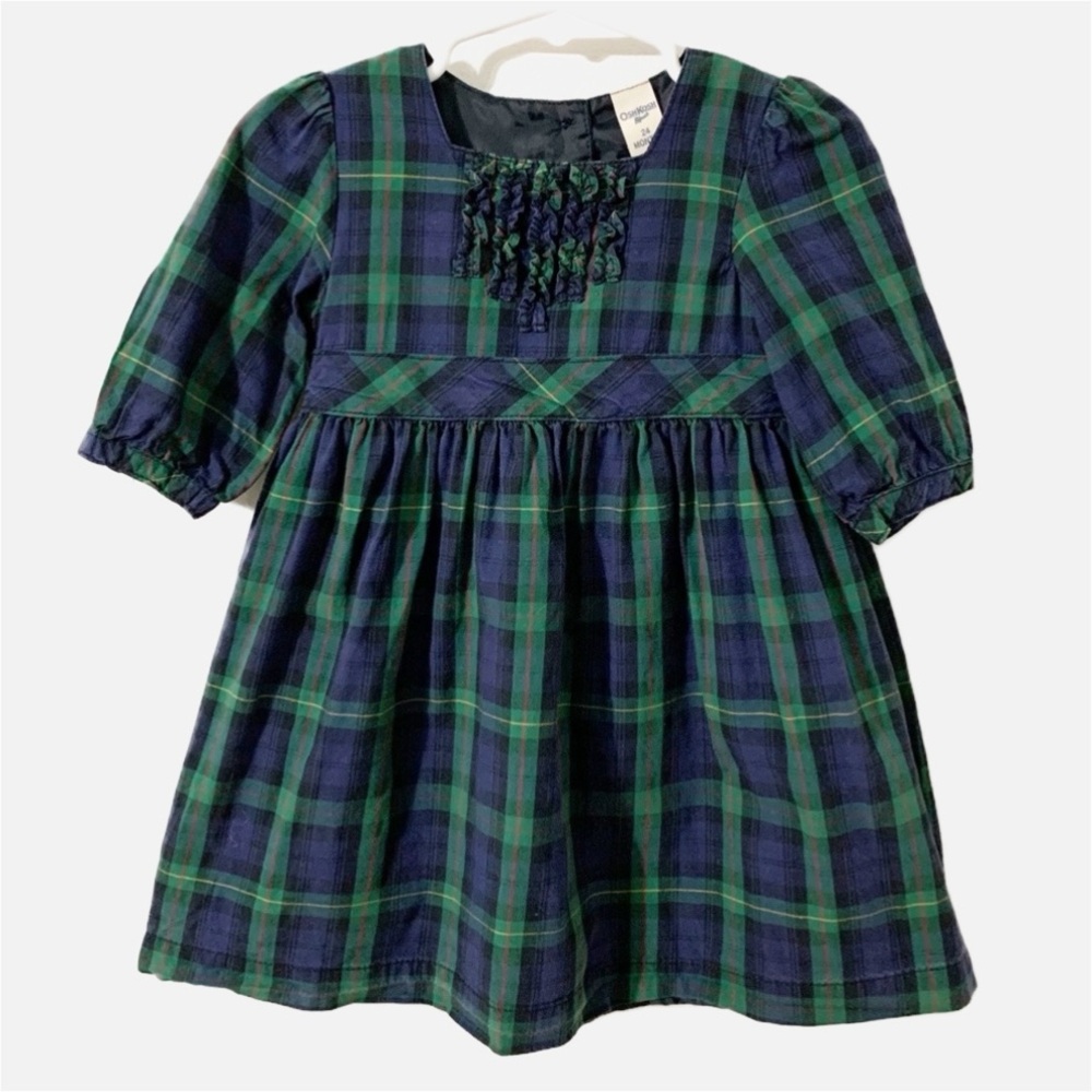 Osh Kosh B’Gosh Lined Tartan Plaid Dress Ruffled Front and Tie Back Adorable